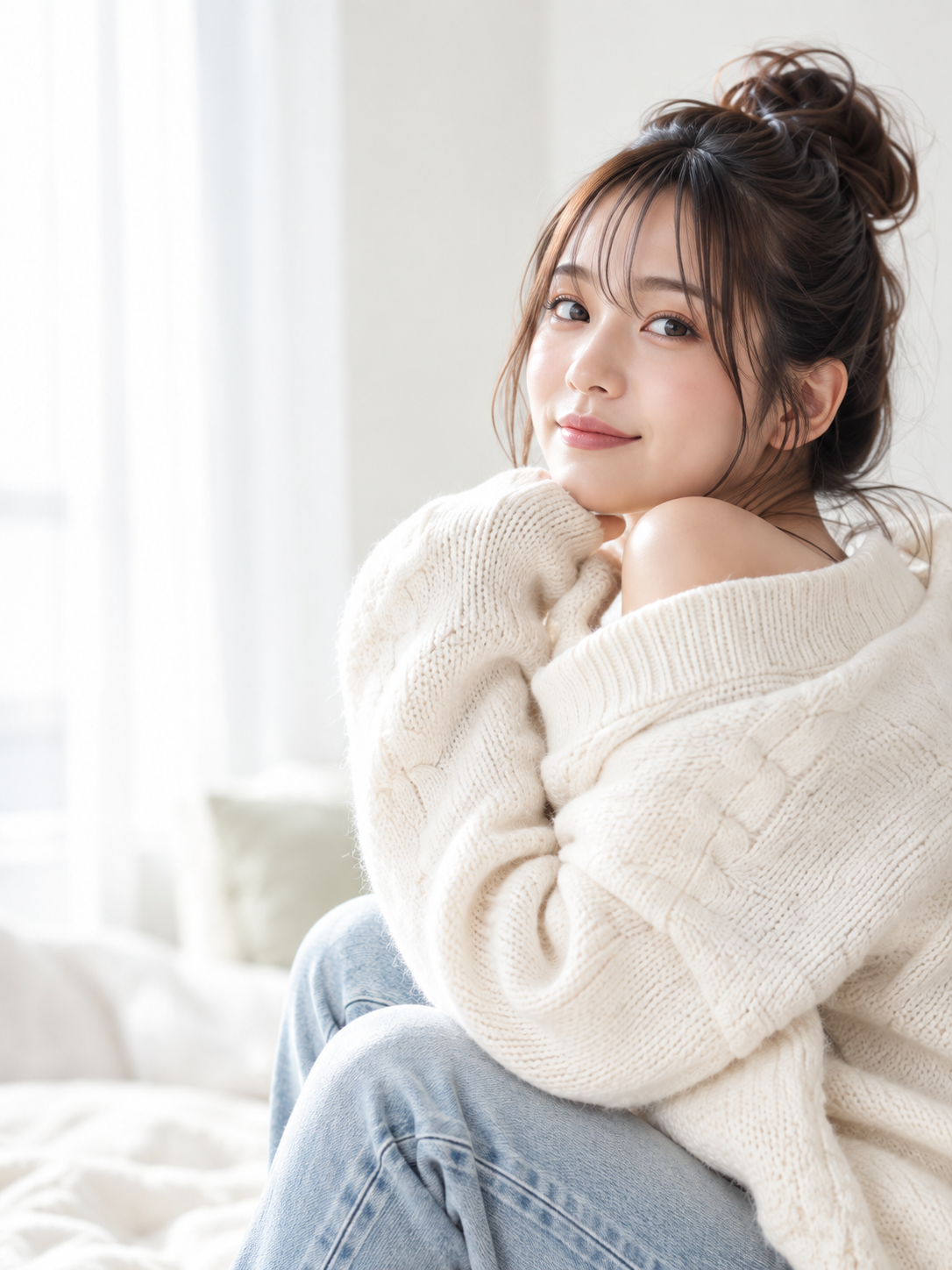 窓辺で白いニットを着た女性のイメージ