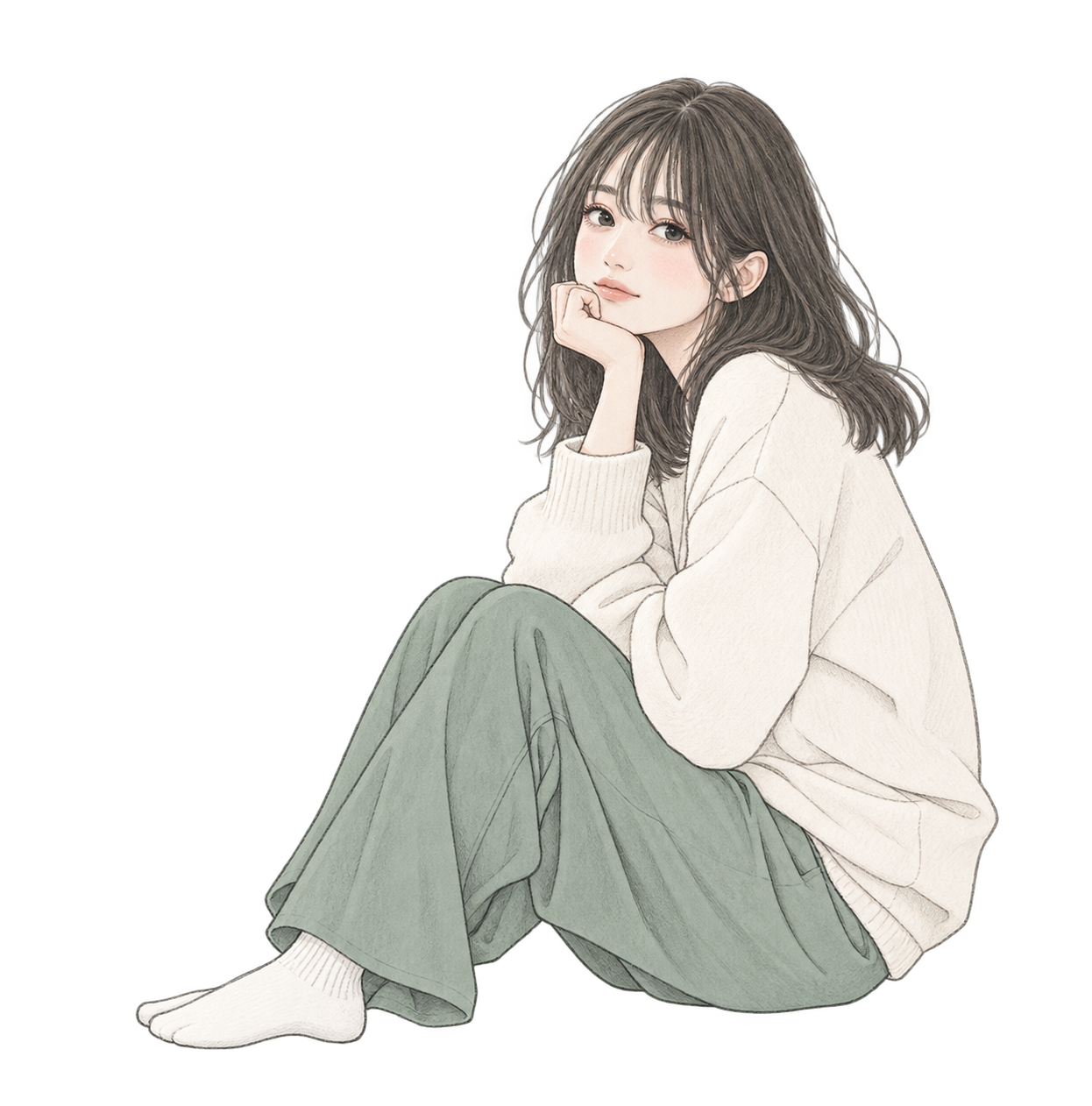 座って考える女性の手描きイラスト